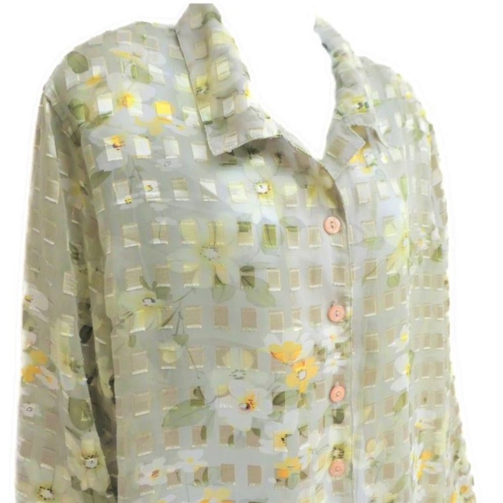 Vintage Blouse Button Up Lurex Sheer Floral Shoulder Pads Yellow Green XL